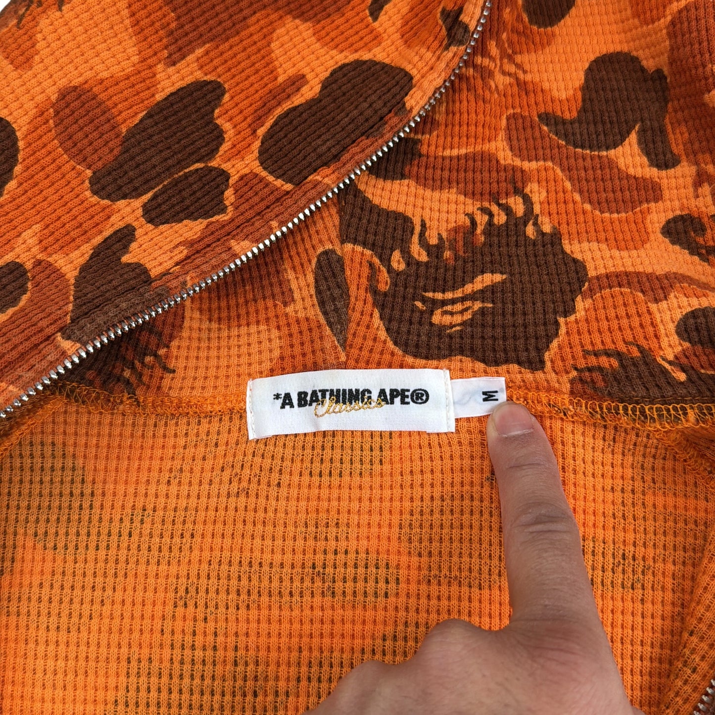 2008 Bape Orange fire camo thermal hoodie (Medium)